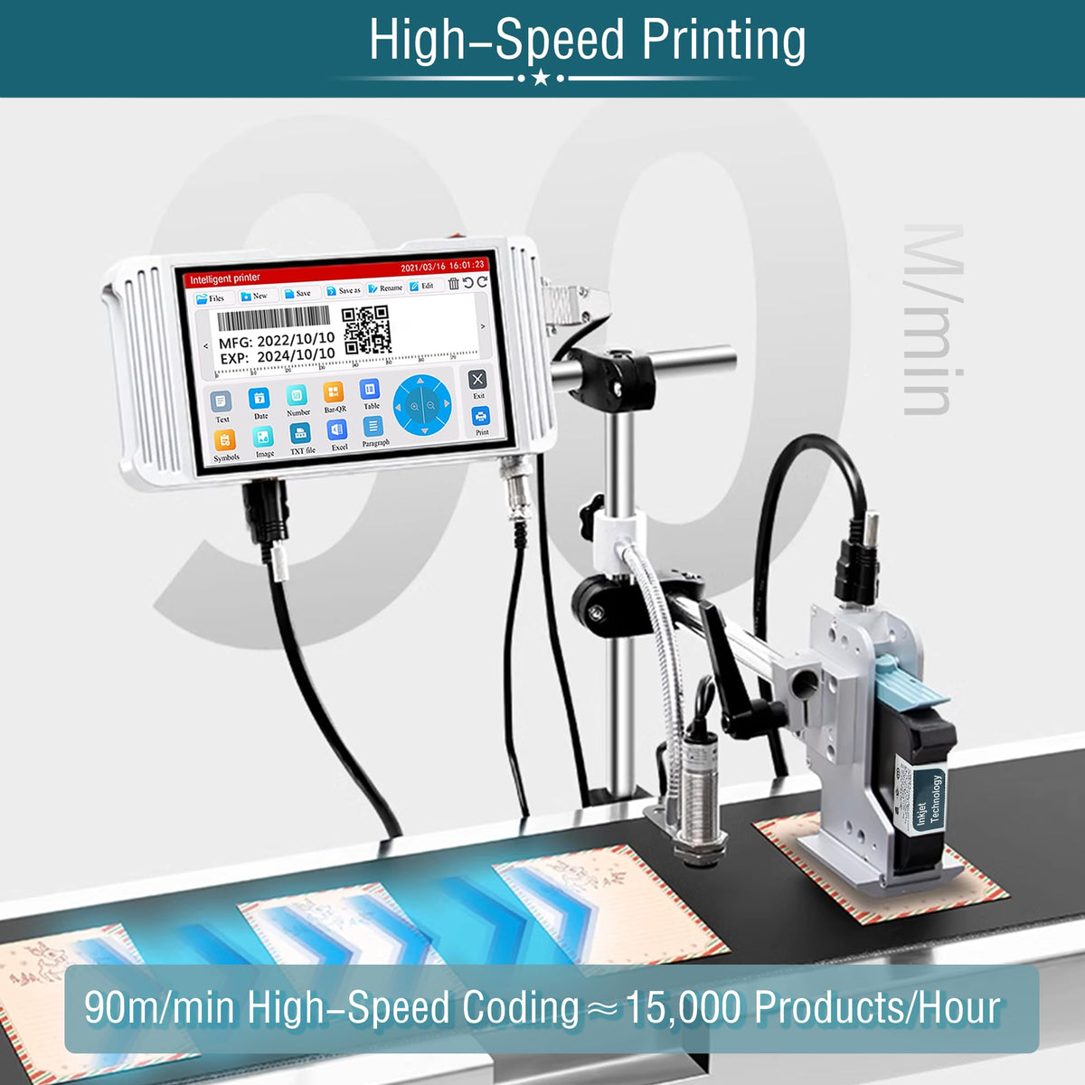 Phezer 1inch/25.4mm Automatic Online Inkjet Coding Machine for Production Line, 23 Languages, Intelligent Variable Data/Date/Logo/Barcode/Image Thermal Inkjet Printer, (1 Nozzle, 70M/min, PW1-1)