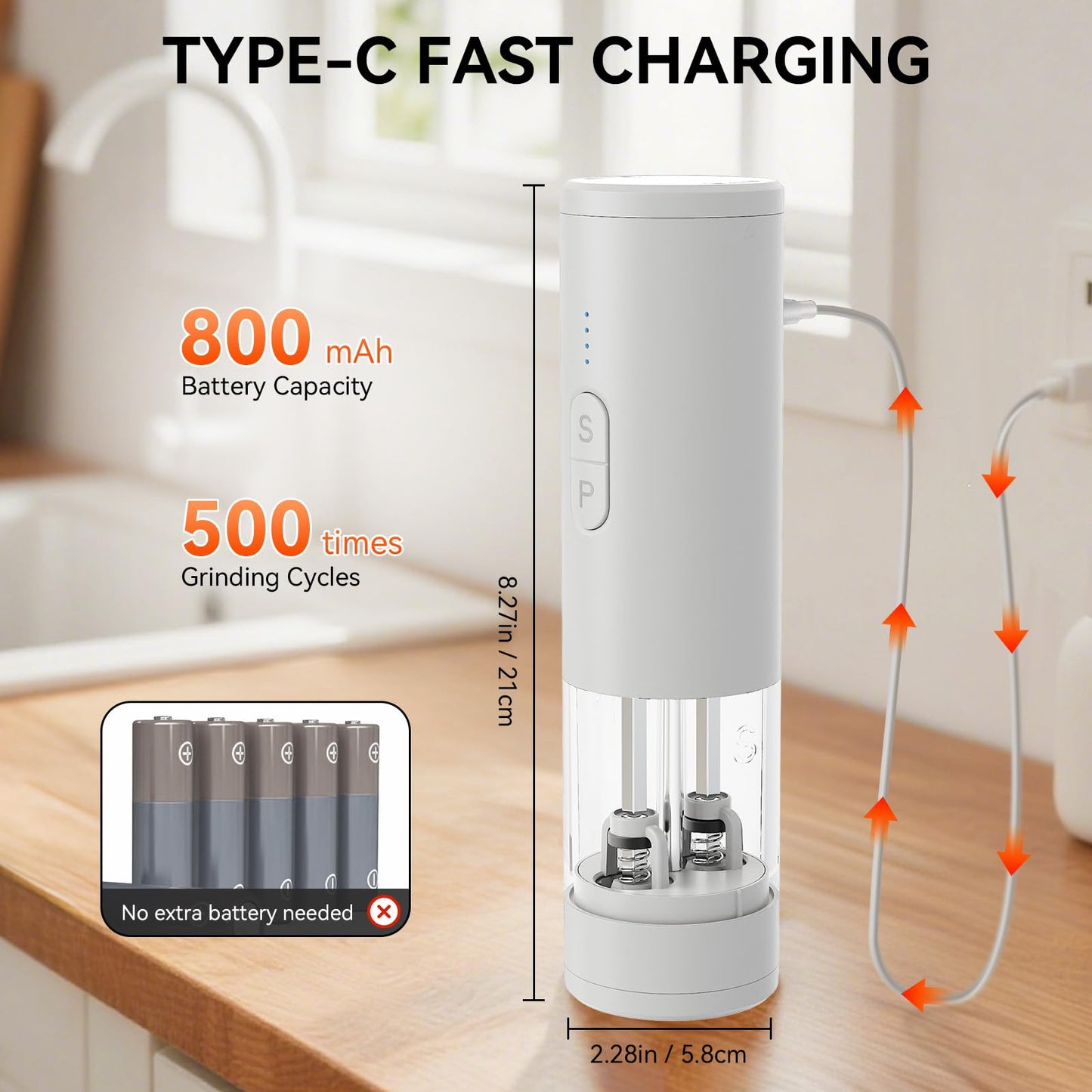 HeatBay 2 in 1 Electric Salt and Pepper Grinder Set, USB Rechargeable, Automatic Salt and Pepper Mill Shakers with Battery Display, LED Light, Adjustable Coarseness(White)