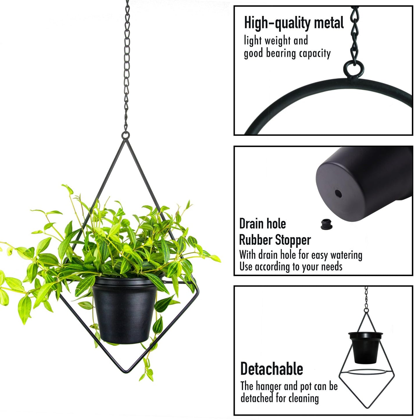 Modern Metal Hanging Planters Set of 2 - Round and Diamond Geometric Plant Hangers with 5 Inch Pots - Black Wall and Ceiling Mount Flower Holders for Indoor Houseplants, Boho Home Décor