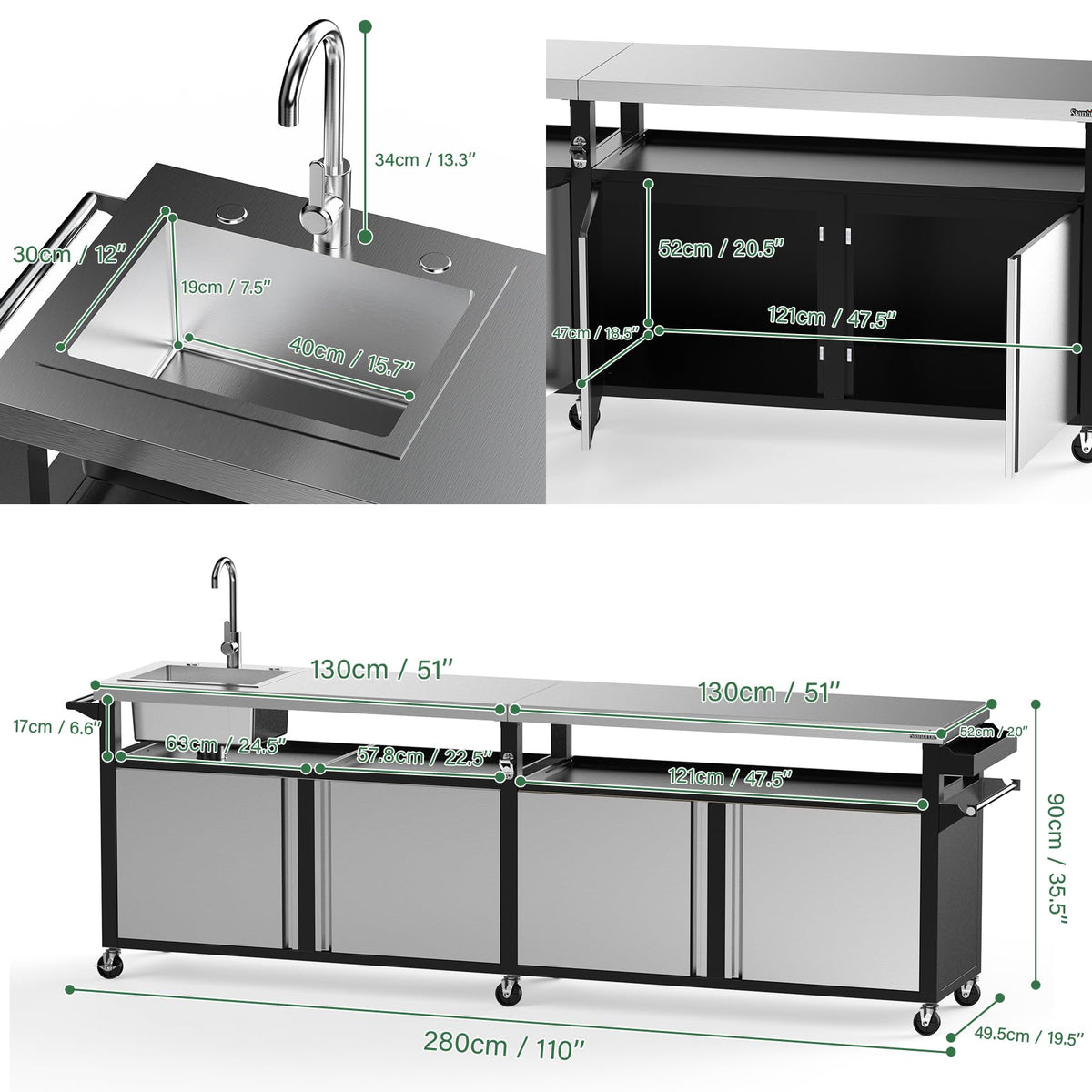 Stanbroil Rolling Outdoor Kitchen Island with Stainless Steel Table Top & Storage Cabinets, Sink&Faucet Included, Extra Large