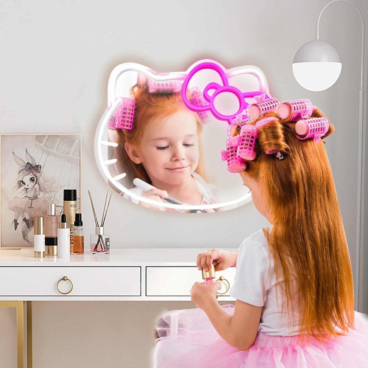 MCJSGSP Anime Hello Kit Mirror with Light Neon Signs for Wall Decor, Dimmable for Teen Girl Gift，Makeup Mirror neon Sign Room Decor (16.1 * 14 inch)
