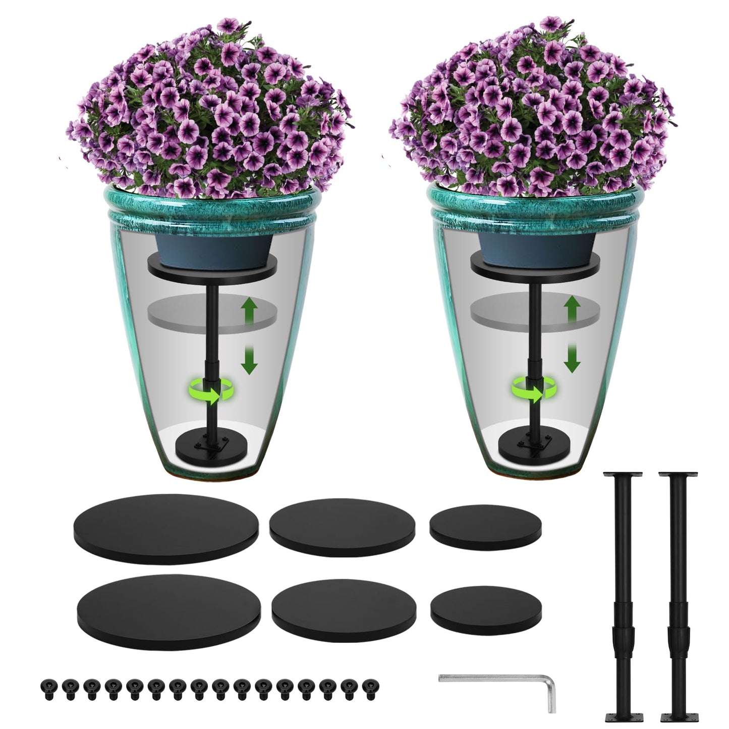 Topfurn Adjustable Height Plant Risers for Pots Indoor & Outdoor 2 PCS , 12-21" Height, 6/8/10" Base - Iron Rise Plant Fillers Risers for Tall, Square, Round, Tapered Planters