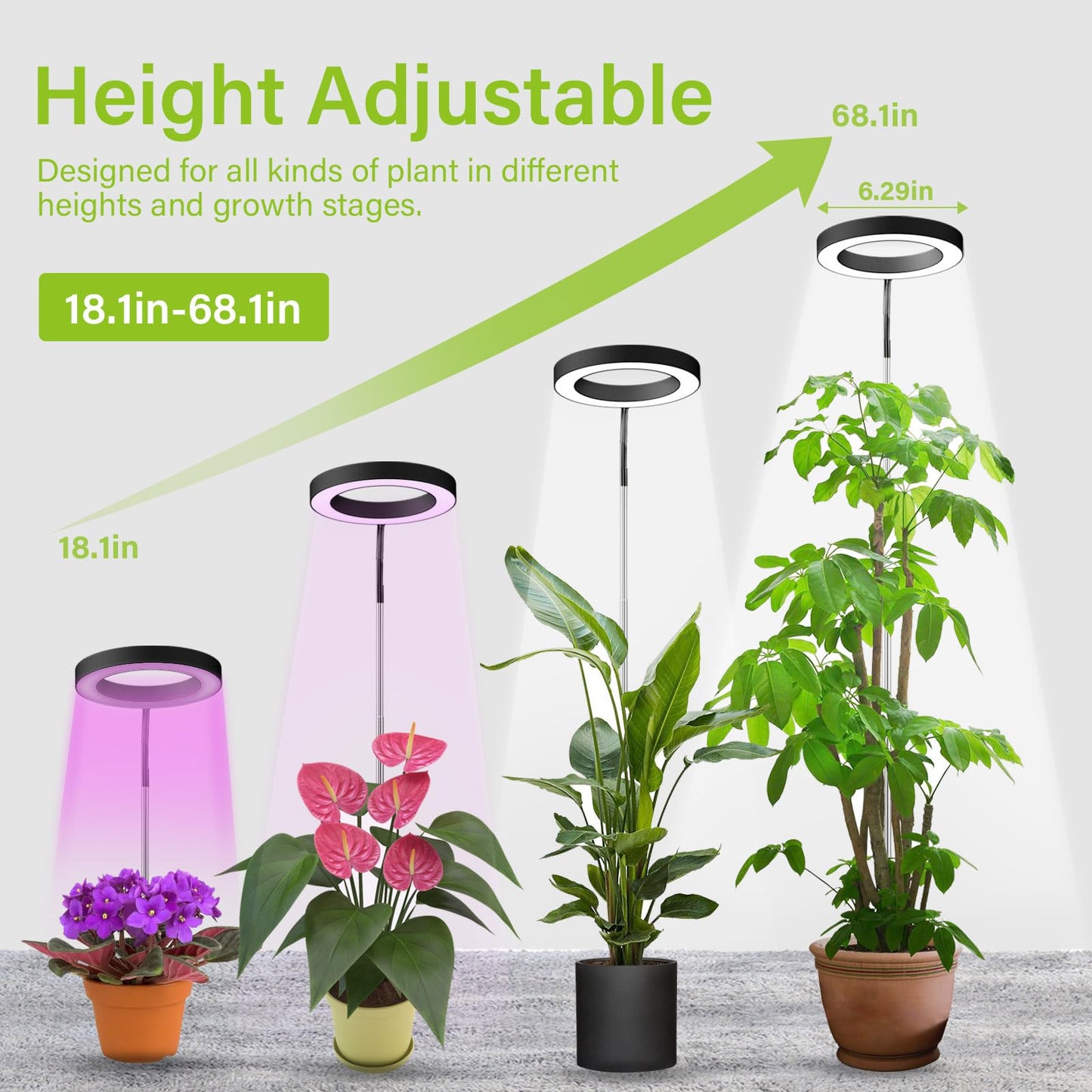 YZIXNUY Grow Lights for Indoor Plants, Full Spectrum Plant Lights for Indoor Growing with 3/9/12H Auto Timer, 3 Spectrum Modes, 10-Level Dimmable, 68" Height Adjustable for Growing Large Tall Plants
