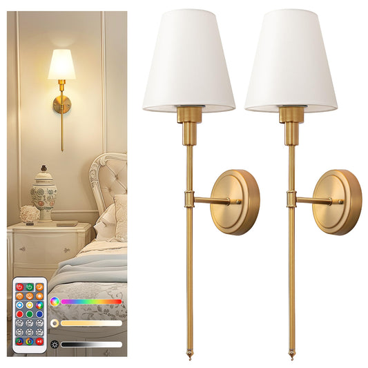 DORESshop Battery Operated Wall Sconce Set of 2, Wall Light Wireless Easy to Install Remote Control, Dimmable and Adjustable Sconces Wall Decor, Rechargeable Wall Lamp for Bedroom, Living Room, Gold