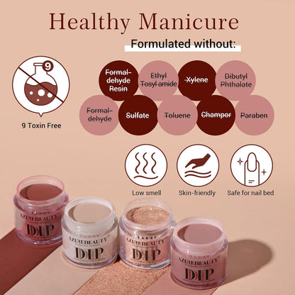 AZUREBEAUTY Dip Powder Nail Kit Starter, Fall 4 Colors Skin Nude Brown Glitter, Acrylic Dipping Powder Liquid Set with Base/Top Coat Activator for Daily French Nail Art Manicure DIY Gift 12 Pcs
