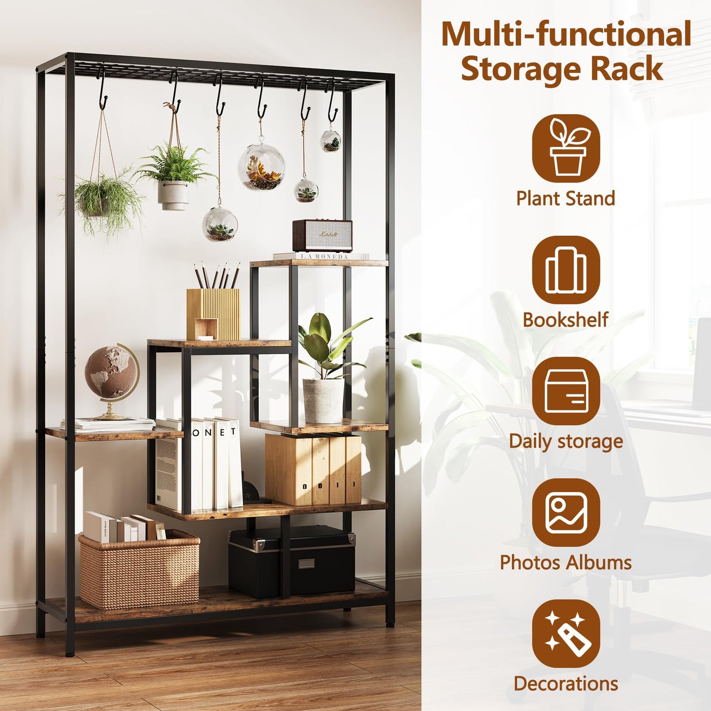 Indoor Plant Stand 5-Tier Tall 70.9", Large Metal Plant Shelf with Hanging Hooks, Multi-Purpose Display Rack, Flower Bonsai Pots Organizer for Garden, Balcony, Living Room, Brown