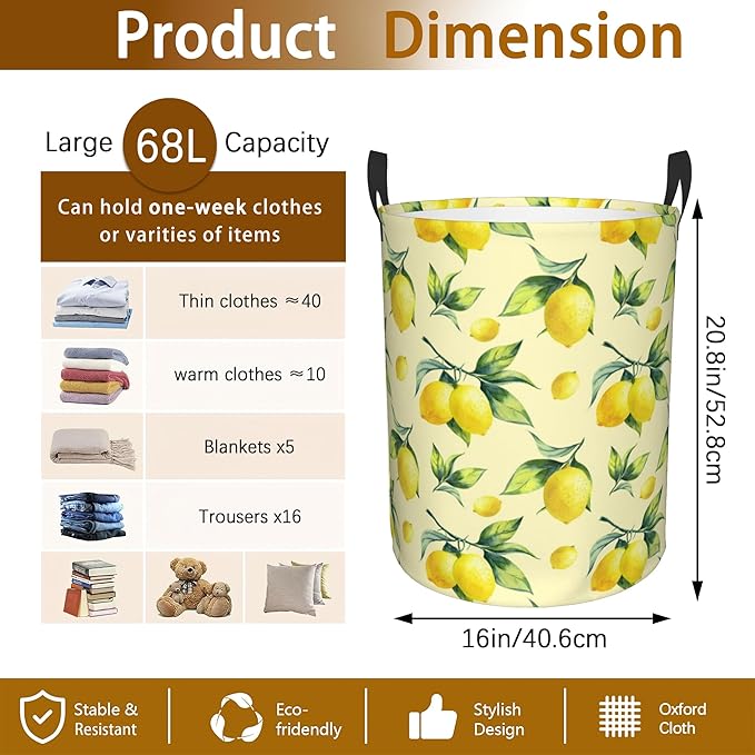 Lemon Yellow Laundry Basket, Waterproof Foldable Laundry Hamper, Dirty Clothes