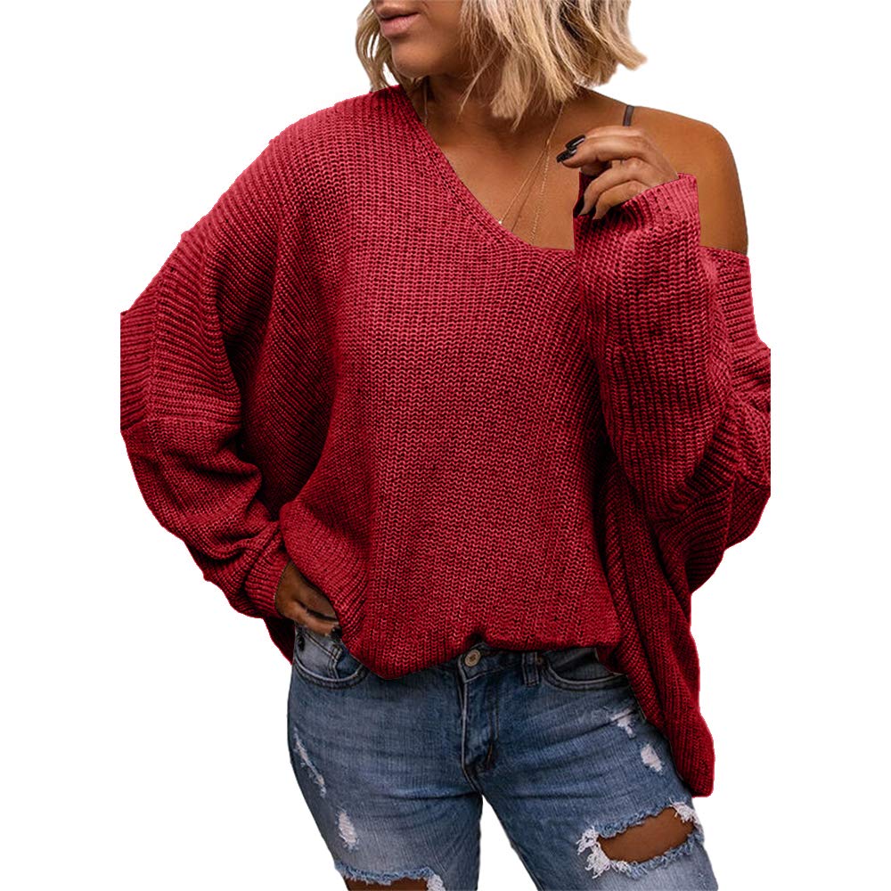 BZB Women's V Neck Long Sleeve Knit Loose Oversized Pullover Sweater Top