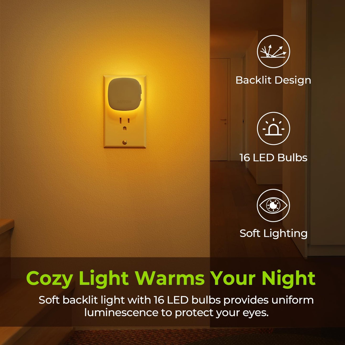 AUVON Plug-in LED Backlit Night Light with Motion Sensor & Dusk to Dawn Sensor, Dimmable Amber Nightlight with 1-50 lm Adjustable Brightness for Bedroom, Bathroom, Stairs, Hallway (4 Pack)