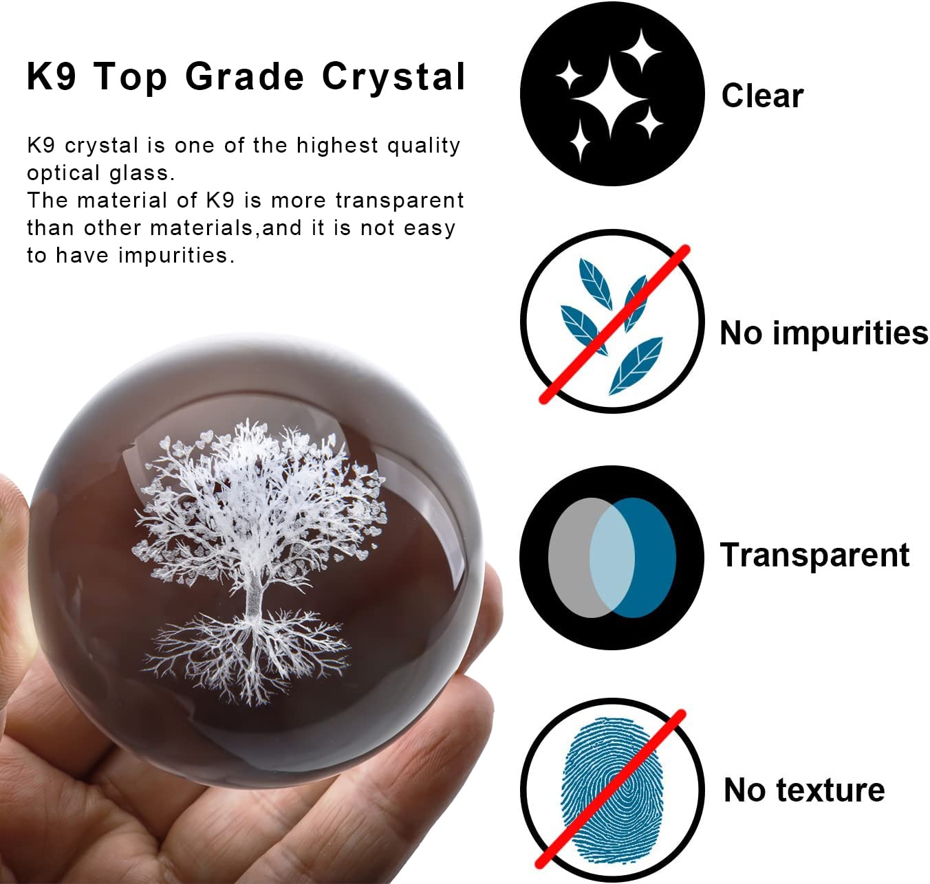 H&D Hyaline & Dora 70mm Tree of Life Clear Crystal Ball with Stand, K9 Glass Decorative Crystal Ball, 3D Laser Fengshui Home Decoration