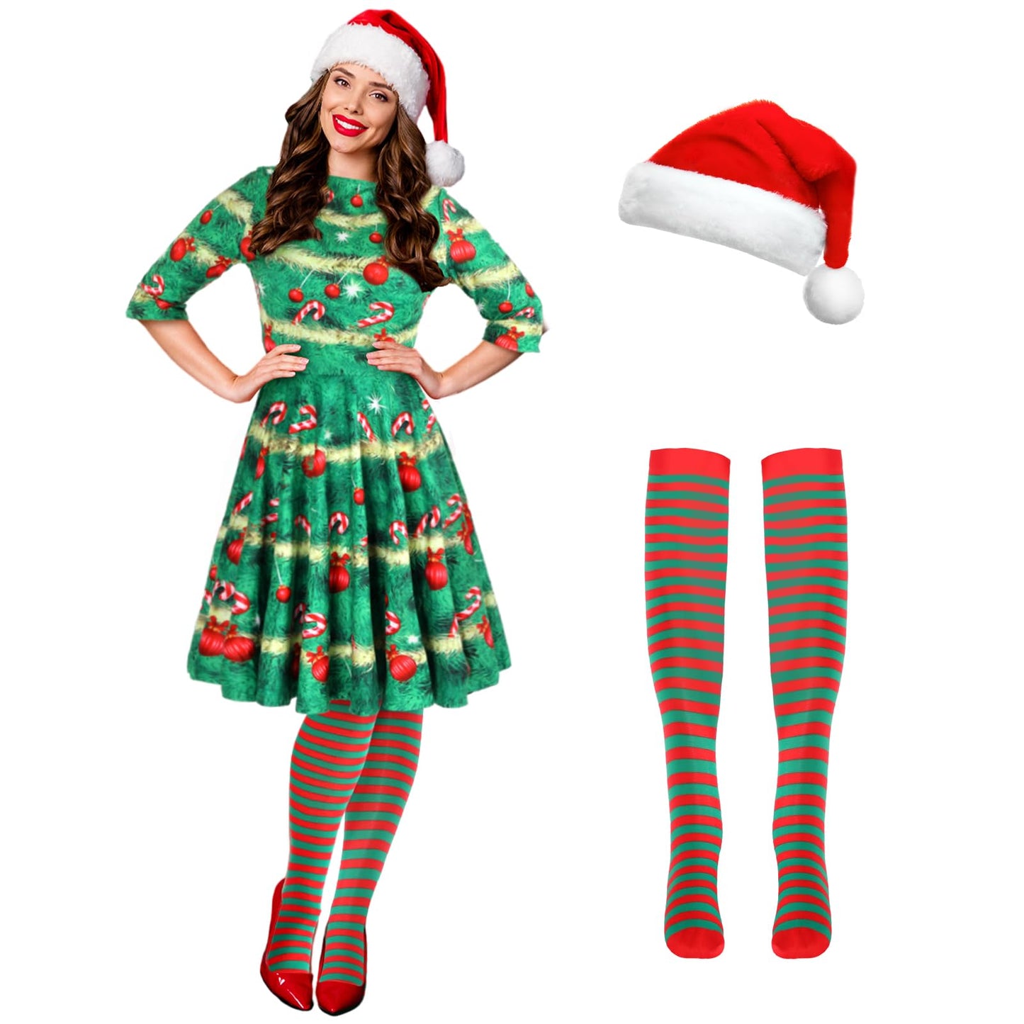 Hillban 3 Pcs Christmas Elf Costume Set Women Short Sleeve Christmas Dress Thigh High Socks Santa Hat (Candy Tree,Medium)