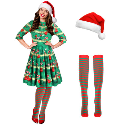 Hillban 3 Pcs Christmas Elf Costume Set Women Short Sleeve Christmas Dress Thigh High Socks Santa Hat (Candy Tree,Medium)