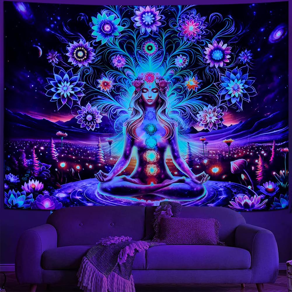Dermijer Blacklight Seven Chakra Yoga Meditation Tapestry Flower Chakra Tapestries Galaxy Space Planet Tapestry UV Reactive Lotus Tapestries Wall Hanging for Home Decor 78.7L x 59.1W
