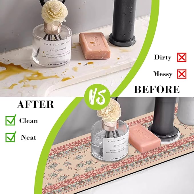Sink Splash Guard Faucet Mat Retro Boho Flowers Absorbent Fast Drying Mat Sink