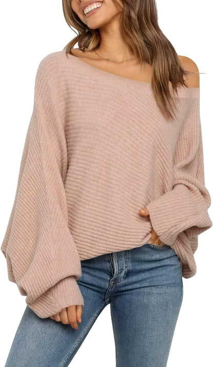 Mafulus Women's Oversized Crewneck Sweater Batwing Puff Long Sleeve Cable Slouchy Pullover Jumper Tops