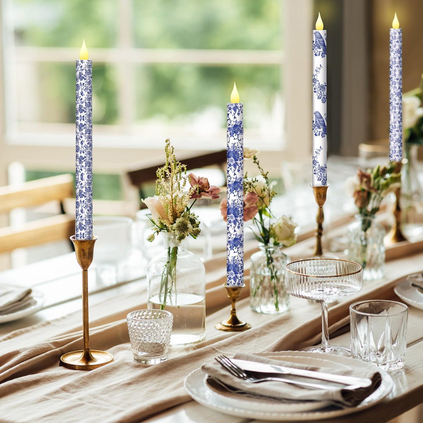 Baquler 6 Pcs Chinoiserie Flameless Candles Coastal Chinoiserie Bird Home Decor 10.6 Inch Blue and White Battery Operated LED Candlesticks for Holiday Wedding Party Summer Table Centerpiece