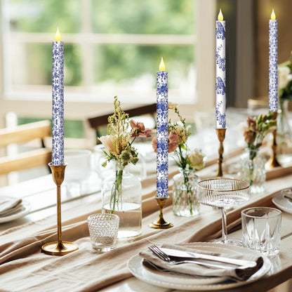 Baquler 6 Pcs Chinoiserie Flameless Candles Coastal Chinoiserie Bird Home Decor 10.6 Inch Blue and White Battery Operated LED Candlesticks for Holiday Wedding Party Summer Table Centerpiece