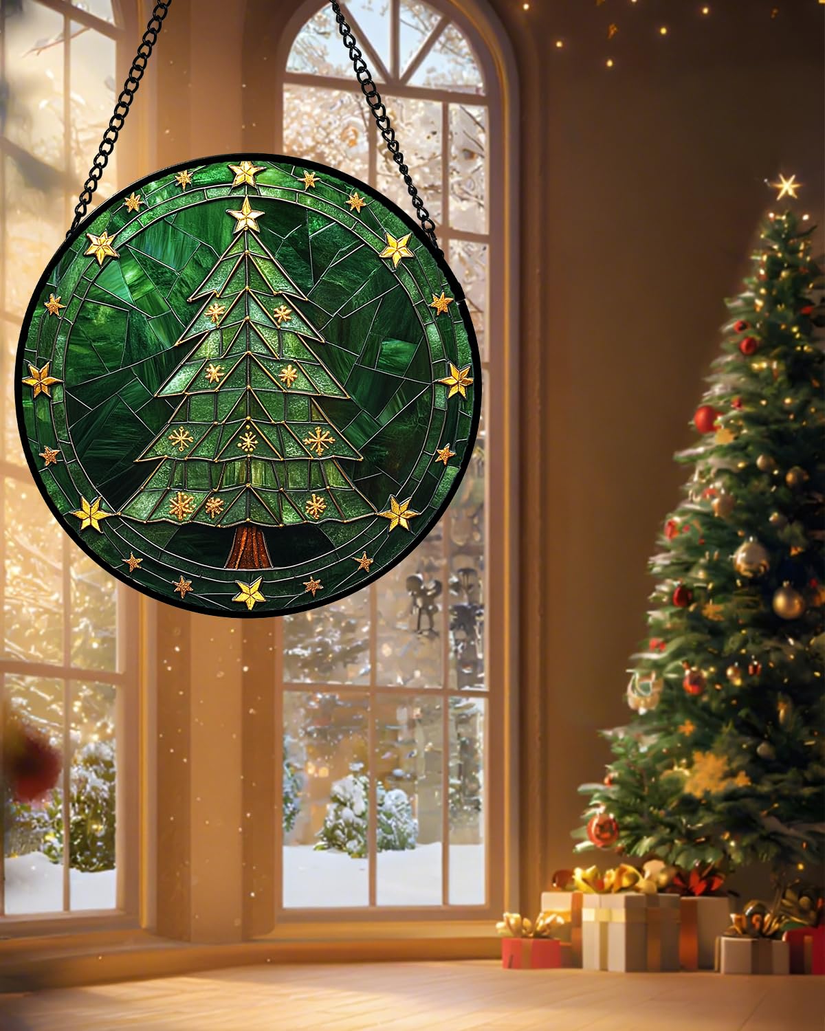Stained Glass Window Hanging - Green Christmas Tree with Golden Stars Suncatcher for Doors Home Christmas Decoration Sun Catcher Thanksgiving New Year Birthday Gifts for Women Men Mom Nana 11.8 in