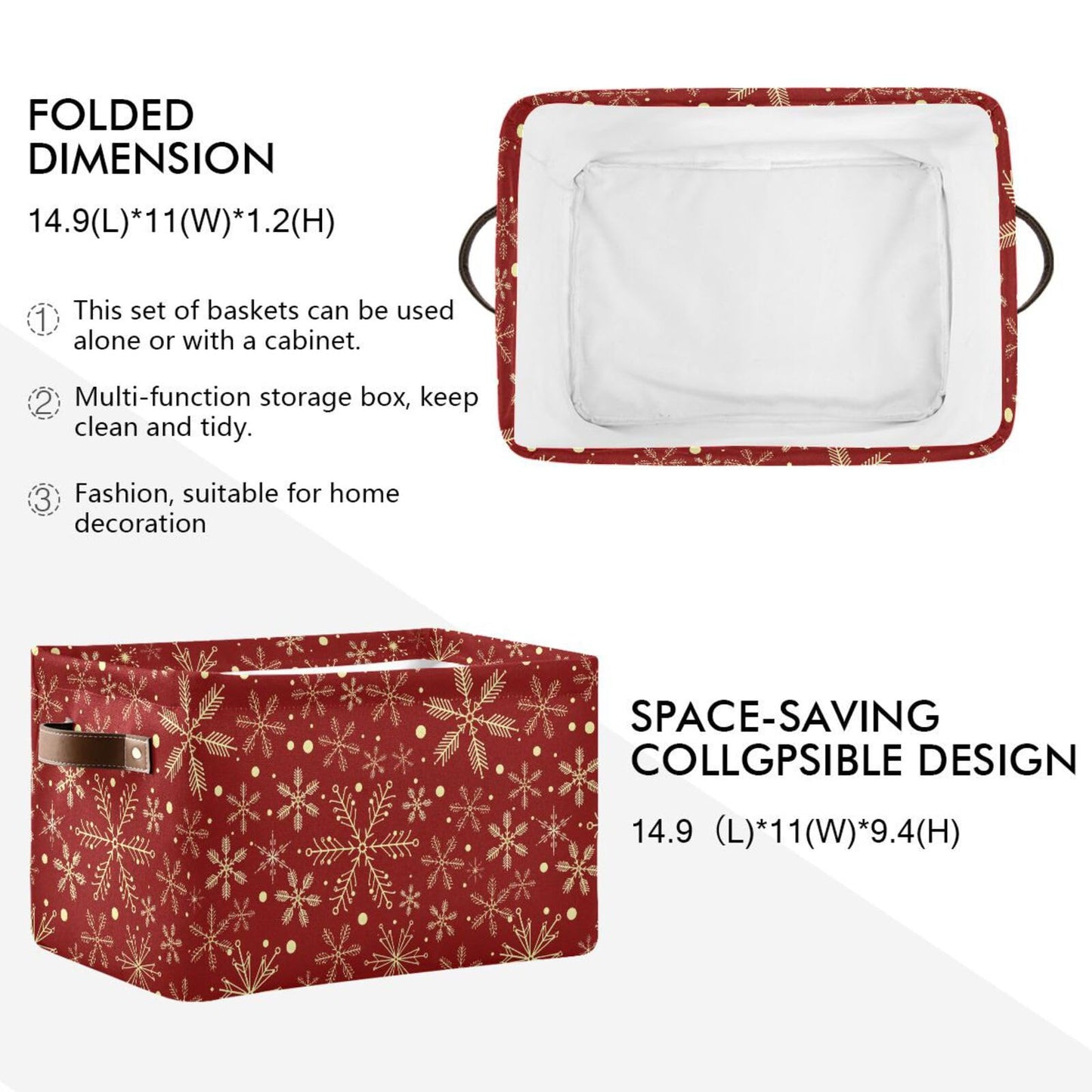 senya Christmas Basket, Large Foldable Storage Basket with Handles Christmas Snowflakes On Dark Red Fabric Collapsible Storage Bins Organizer Bag for Storage 15 x 11 x 9.5 inch