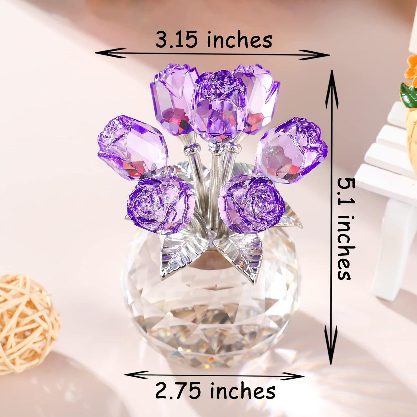 Purple Rose Flower Crystal Figurine with Vase, Bouquet Flowers Ornament Gifts for Wife Girlfriend Women , Handmade Crystal Flower Collectible Home Table Decor for Valentine's Day Wedding Anniversary
