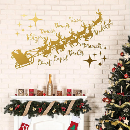 Christmas Wall Decal with Santa's Sleigh and Reindeer Names, 22.5 x 15.2 inches, Holiday Home Decoration (Gold) MC054