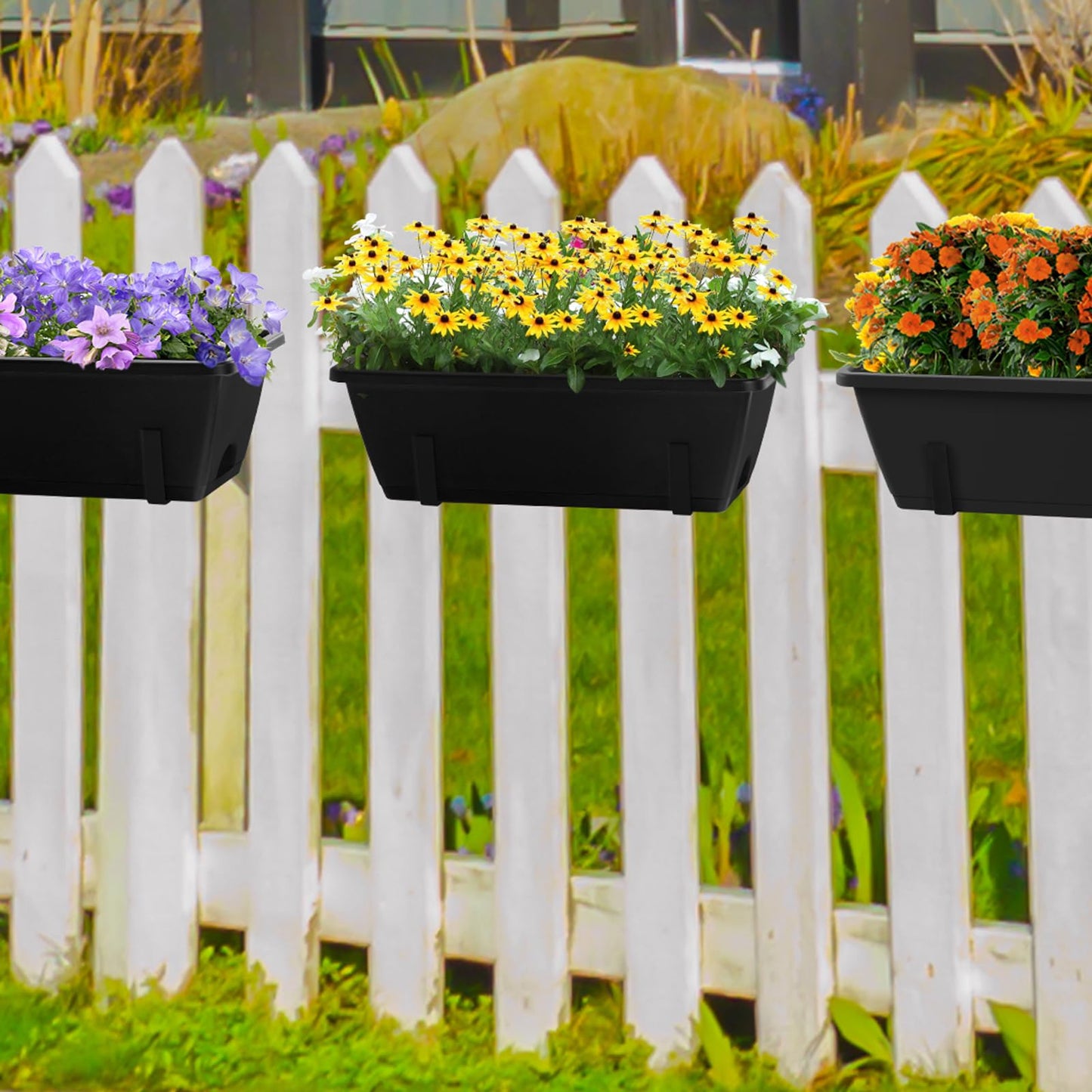 CADUKE Railing Planter Box 4 Pack Window Boxes Planter with Adjustable Brackets 16.9 Inches Deck Railing Hanging Flower Boxes Black Balcony Planters Fence Hanging Planters for Outdoor