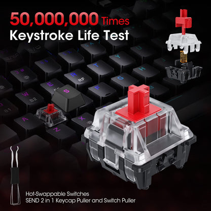 KOORUI Gaming Keyboards, 26 RGB Backlit Mechanical Keyboard Wireless/Wired Compatible Bluetooth 82 Keys Rechargeable 4000mAh Battery UK Layout with Red Switch Gamer Keyboards for Windows MacOS Linux