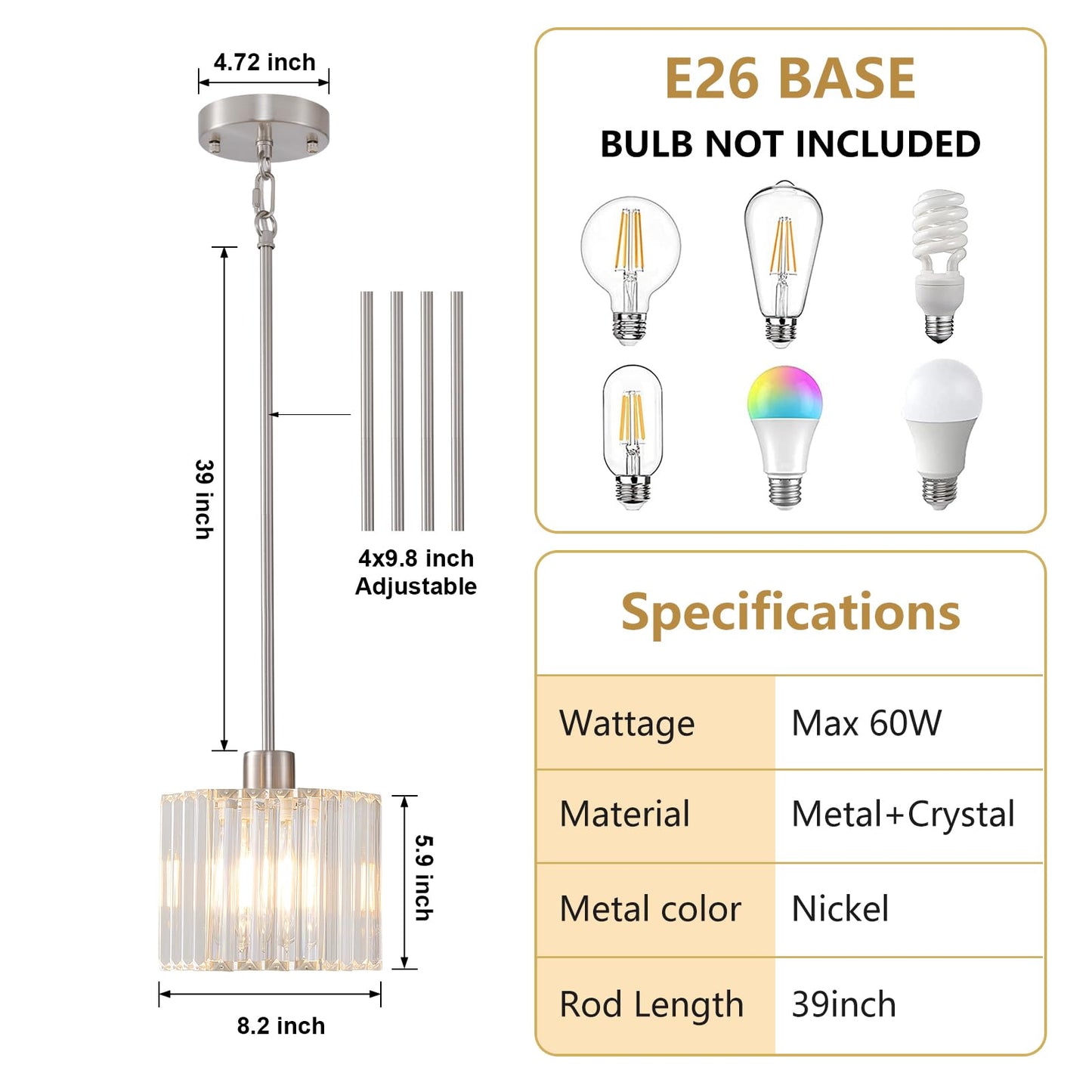 XSDeTu Brushed Nickel Pendant Light Fixtures, Modern Crystal Hanging Ceiling Light, 1-Light Mini Farmhouse Chandelier, Adjustable Hexagonal Island Lights for Kitchen, Dining Room, Bedroom, 2 Pcs