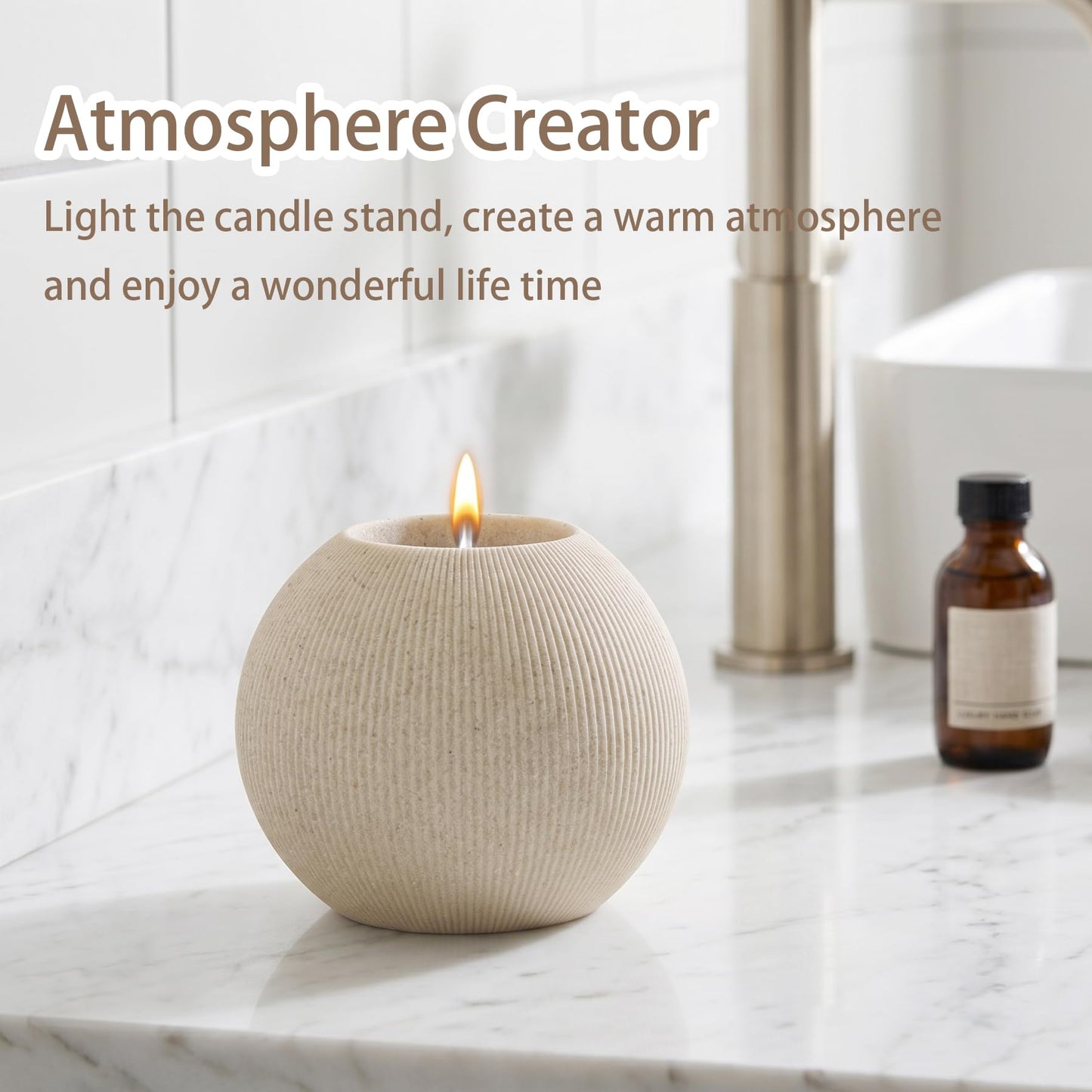 WUUAHOME Bathroom Accessories Set, 5 PCS Sandstone Look Stripe Modern Bath Organizer with Soap Dispenser, Toothbrush Holder, Tumbler, Soap Dish, Candle Holder for Countertop Kitchen Sink (Beige)