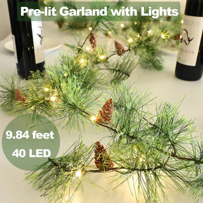 Pre-lit Christmas Garland with Lights 9.84 FT Smokey Pine Garlands 40 LED Fairy Lights Battery Operated with Timer Pine Cones Artificial Greenery Garland Wreath for Christmas Home Mantle Stairs Decor