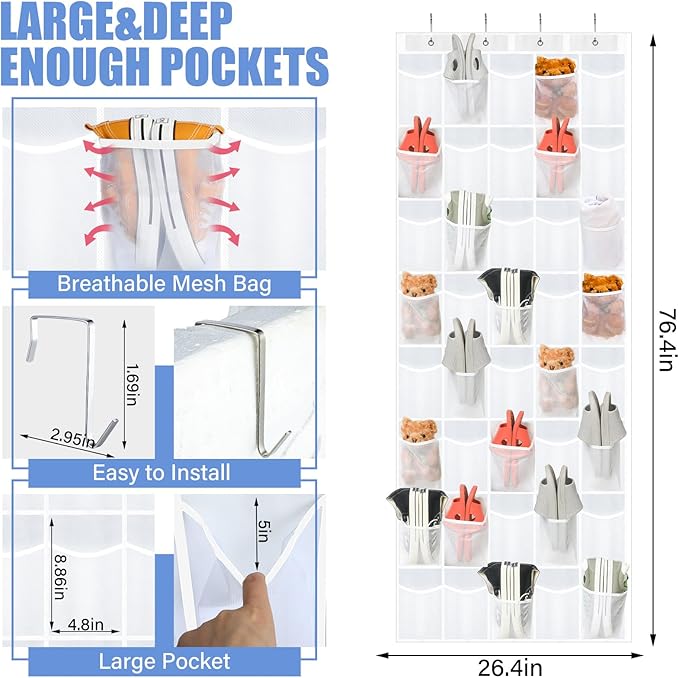 Windyun 40 Over the Door Shoe Organizer Large Breathable Mesh Pocket Clear