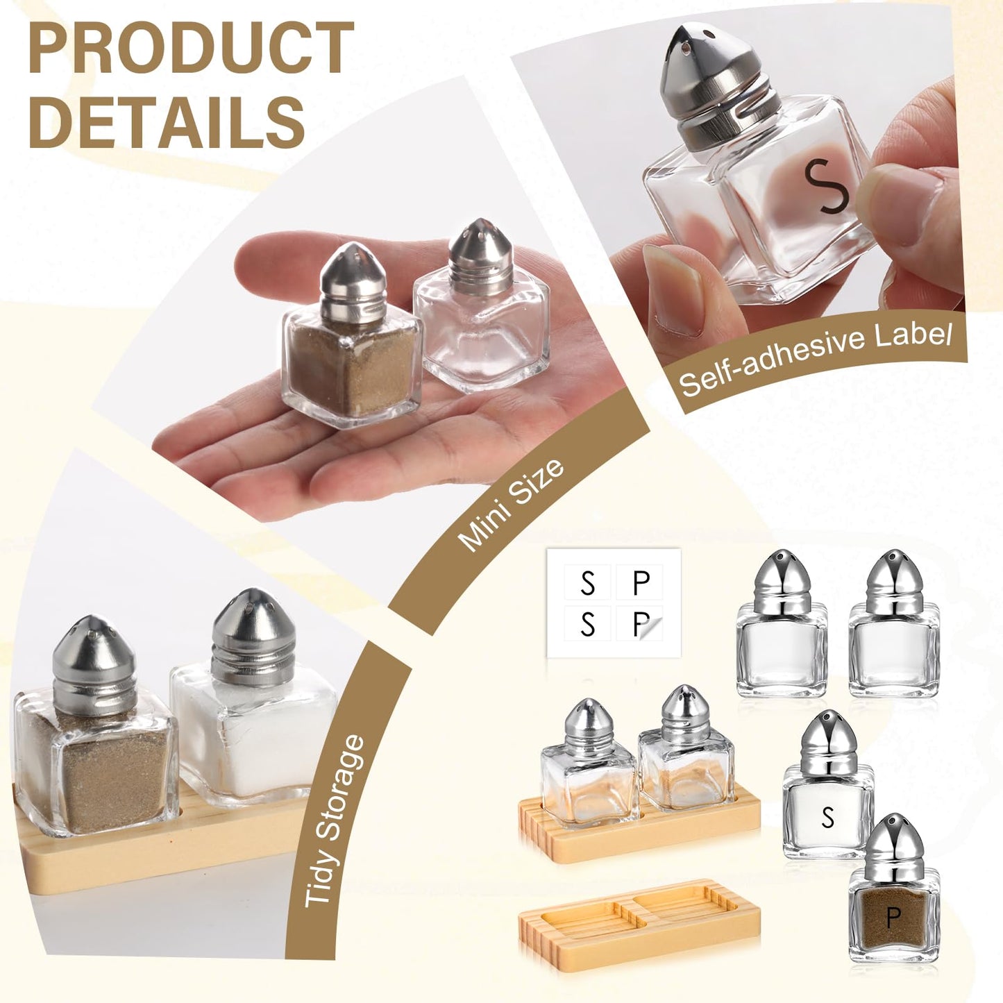 4 Pcs Mini Salt and Pepper Shakers Set with 2 Wood Organizer Tray Sticker 0.5 oz Small Glass Salt and Pepper Shakers Bulk Tiny Individual Salt and Pepper Shakers Cube Spice Jars for Travel Party