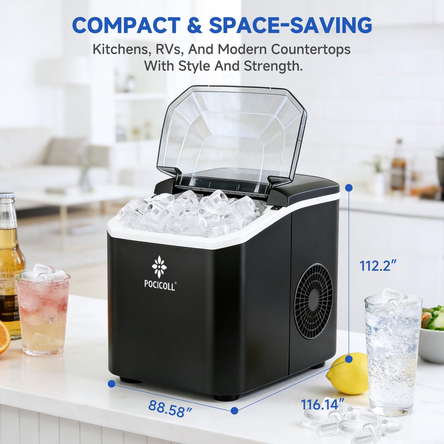 Pocicoll Countertop Ice Maker Machine, 26lbs in 24Hrs, 9 Ice Cubes Ready in 8 Mins, Auto-Cleaning Portable Ice Maker with Basket and Scoop, for Home/Kitchen/Camping/RV (Black)