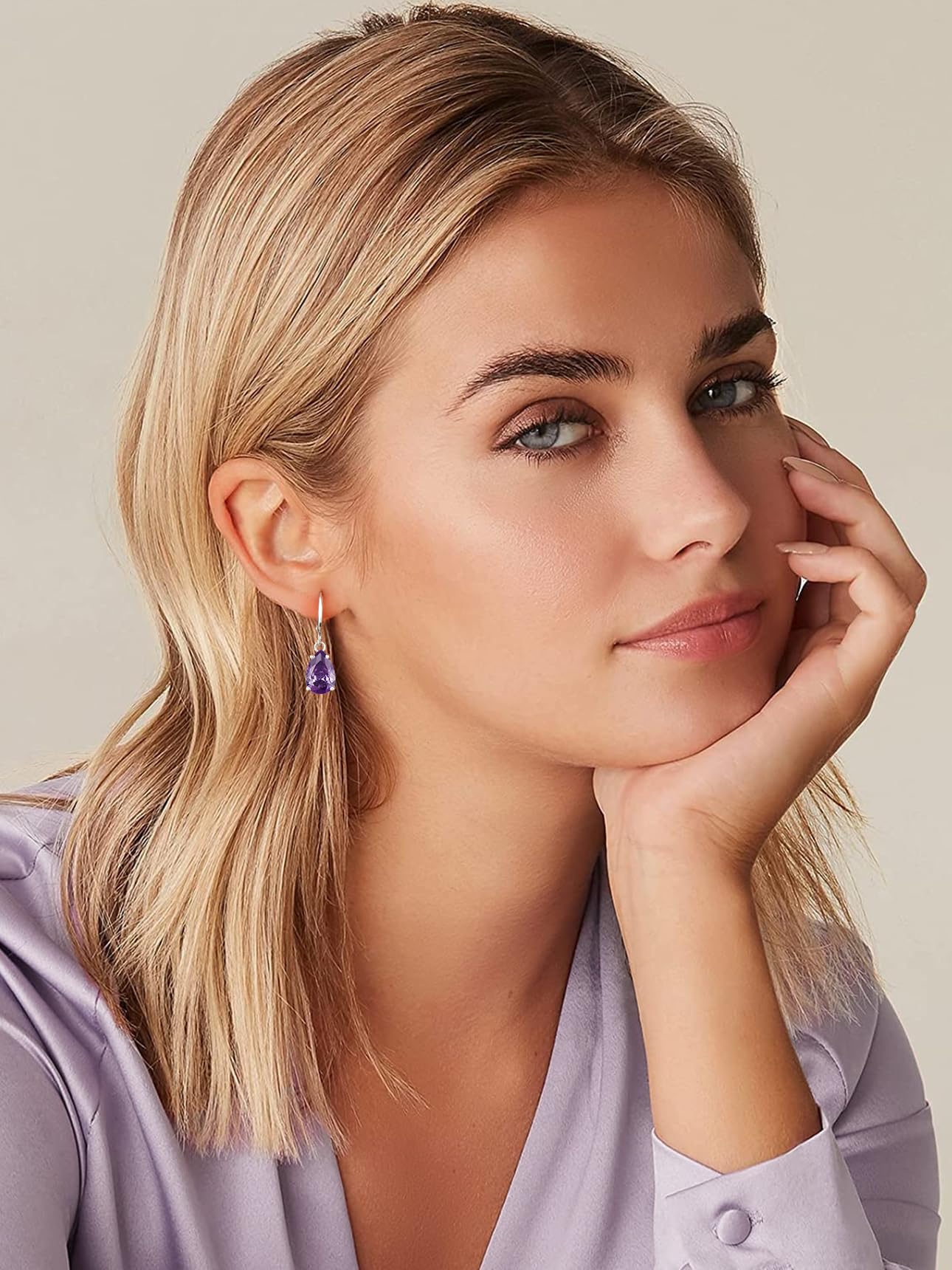 Bestyle Silver February Birthstone Dangle Earrings - Amethyst Crystal Drop Baguette Earrings for Women - Dainty Cute Small Silver Huggie Hoop Dangle Earrings for Birthday Wedding Party Gowns