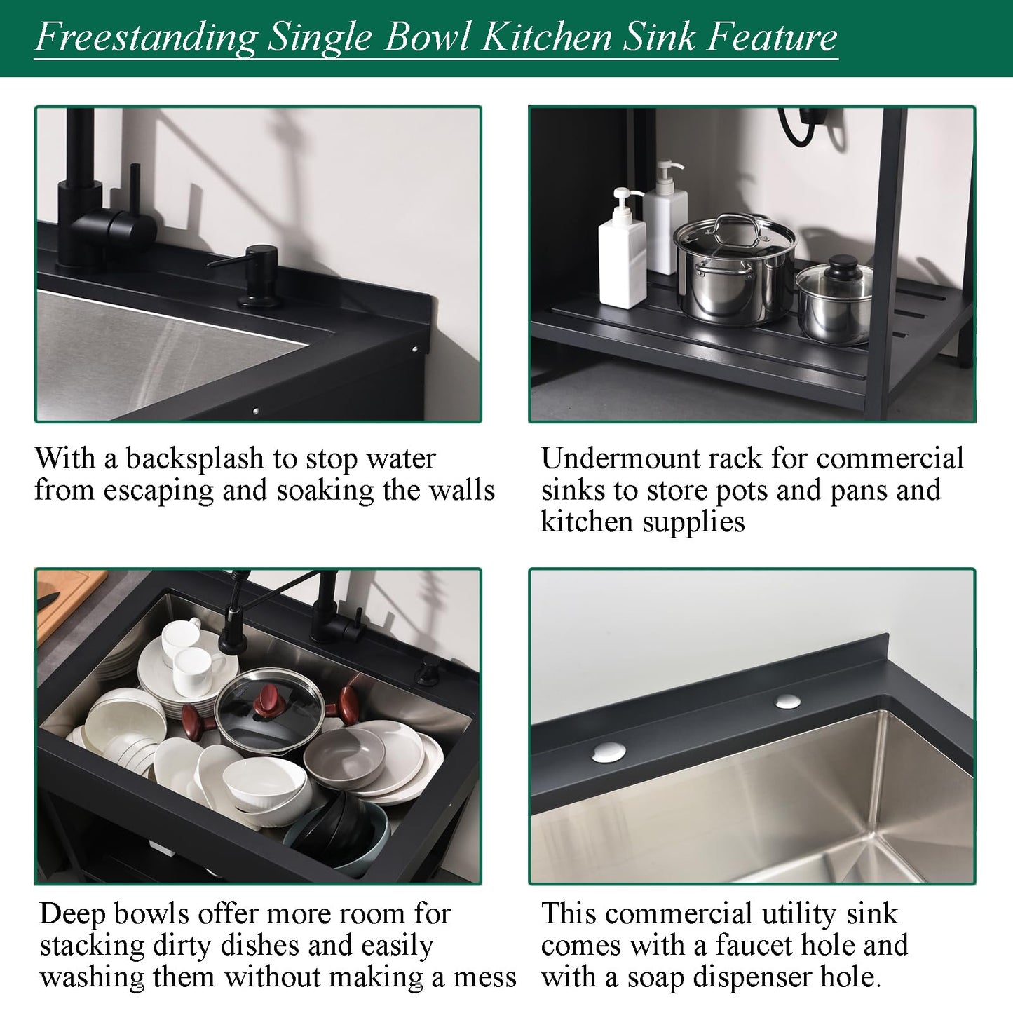 Bokaiya Black Stainless Steel Utility Sink Free Standing, Large Freestanding Laundry Sink with Faucet 16 Gauge Single Bowl Outdoor Commercial Sinks for Restaurant Garage (30.7" x 21.6" x 35")