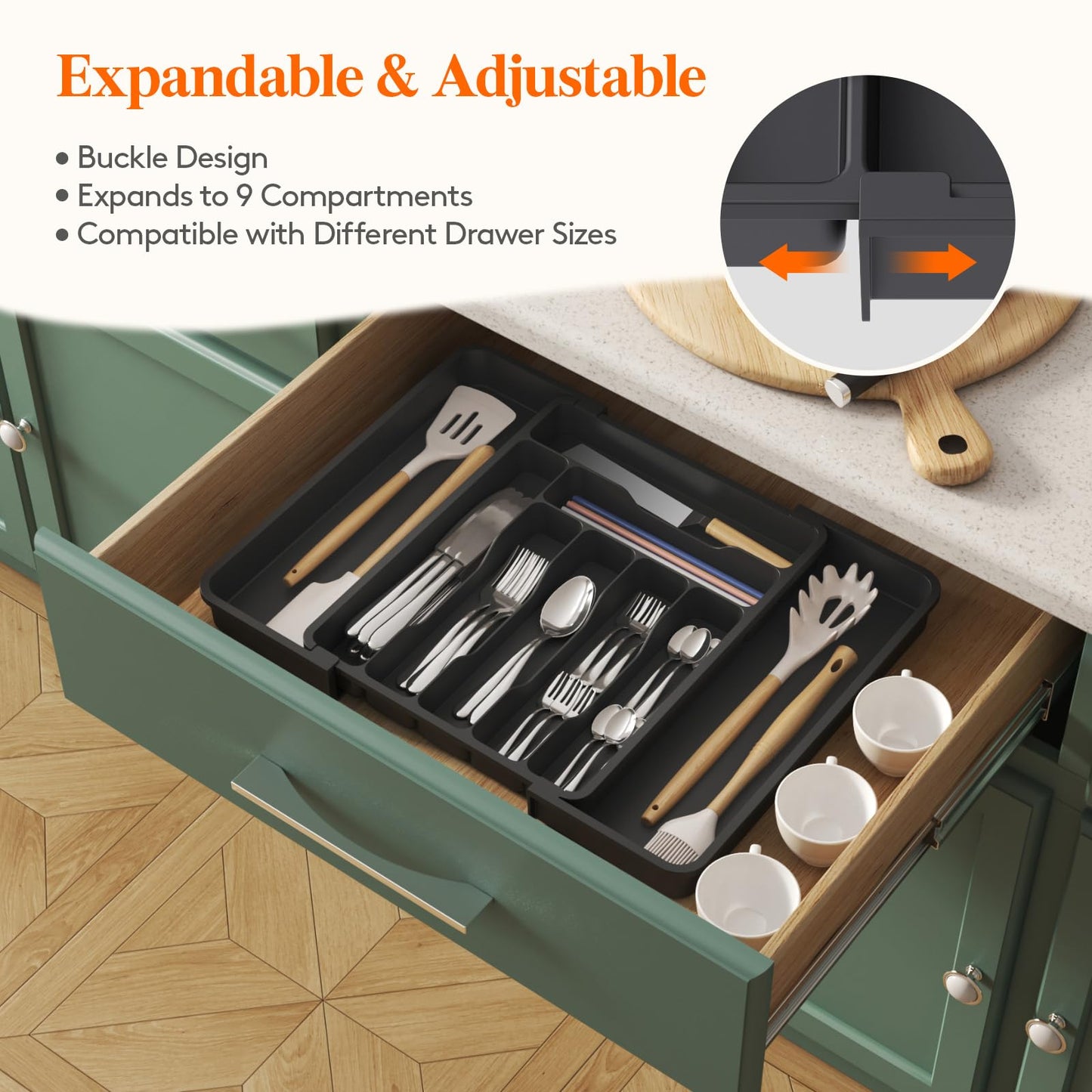 Lifewit Expandable Cutlery Drawer Organiser, Adjustable Cutlery Tray, 9 Compartment, Utensil Holder for Forks, Spoons, Knives, Plastic Kitchen Organiser and Storage, Black