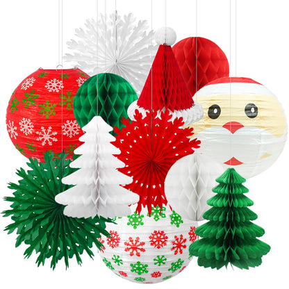 Christmas Honeycomb Paper Lantern Decoration Set, Hanging X-mas Party Supplies Including Christmas Hat, Trees Honeycomb Balls Lanterns, Paper Fans for Holiday XMAS Party Decor