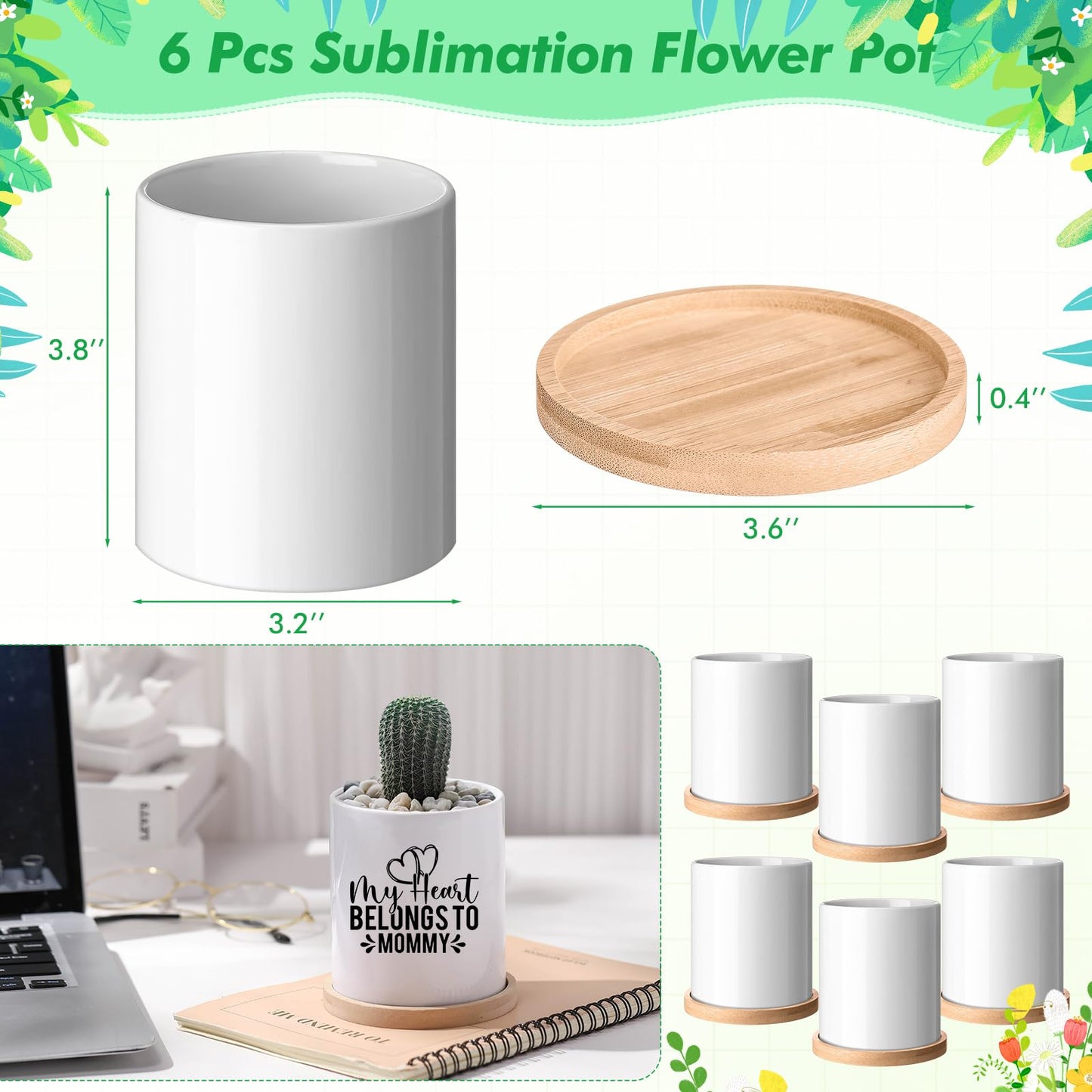 Teenyyou 6 Pcs Sublimation Flower Pot Blanks Mini 3.2 in Garden Ceramic Succulent Planter Pot with Bamboo Tray with Drainage Hole Thank You Gifts for Employee Appreciation Plant Lover