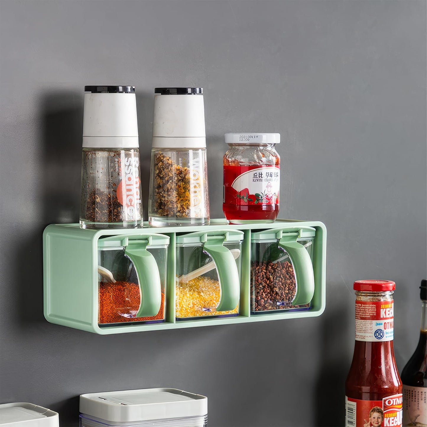 Meterga 3-Grids Seasoning Box with Tray, Salt Container, Hanging Wall Spice Rack, Kitchen Spice Pot with Spoon, Salt Pepper Sugar Storage Container Jar Cruet for Counter, Green