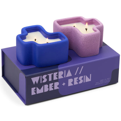 Paddywax Jigsaw Ceramic Candle Set of 2, Soy Wax Candle, Cobalt & Lavender, Wisteria & Ember Resin, 8 oz