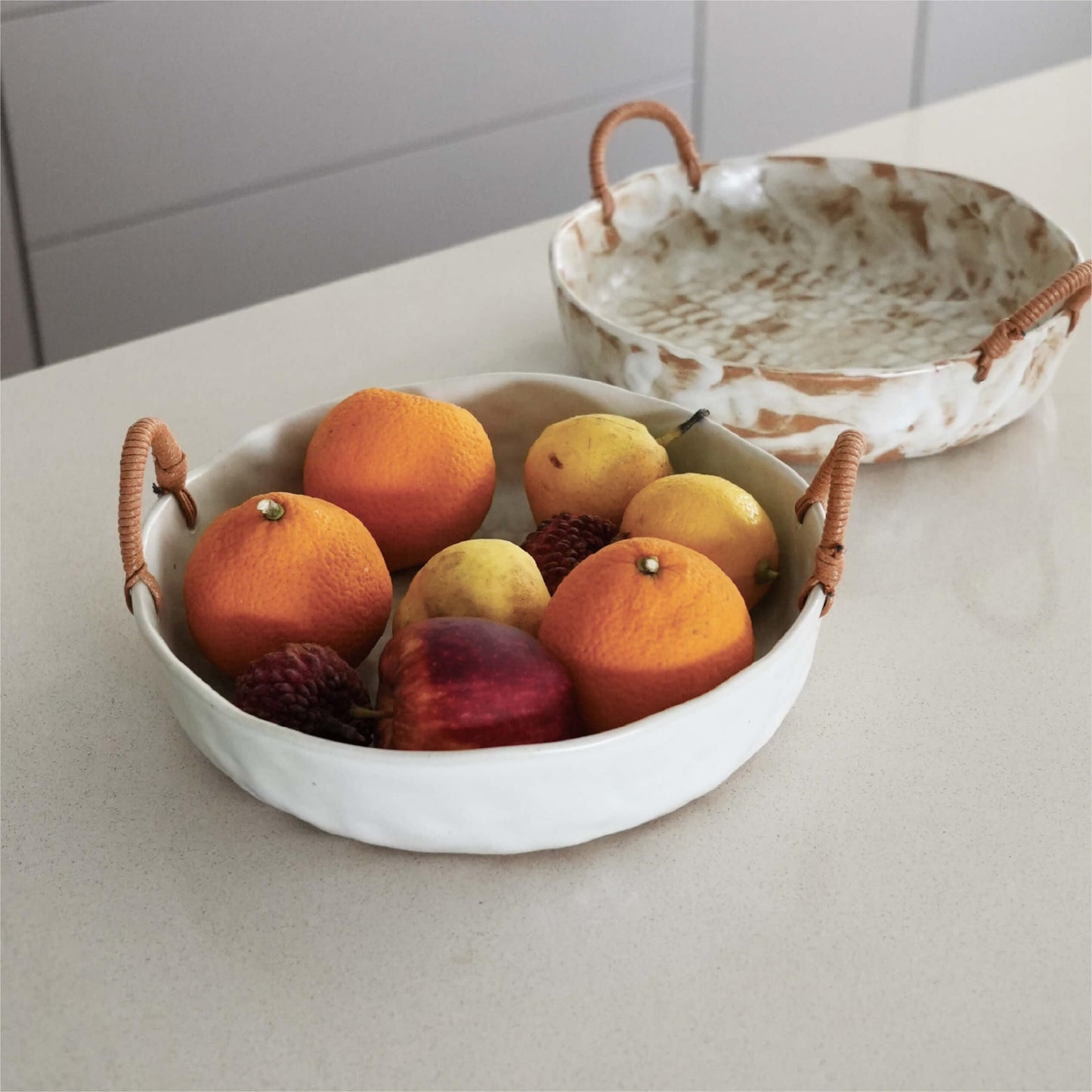 seicasaya 10" Ceramic Fruit Bowl with Woven Handles - Rustic Serving Dish with Speckled Glaze - Handcrafted Decorative Centerpiece Tray for Kitchen Counter (White, 10 Inch)