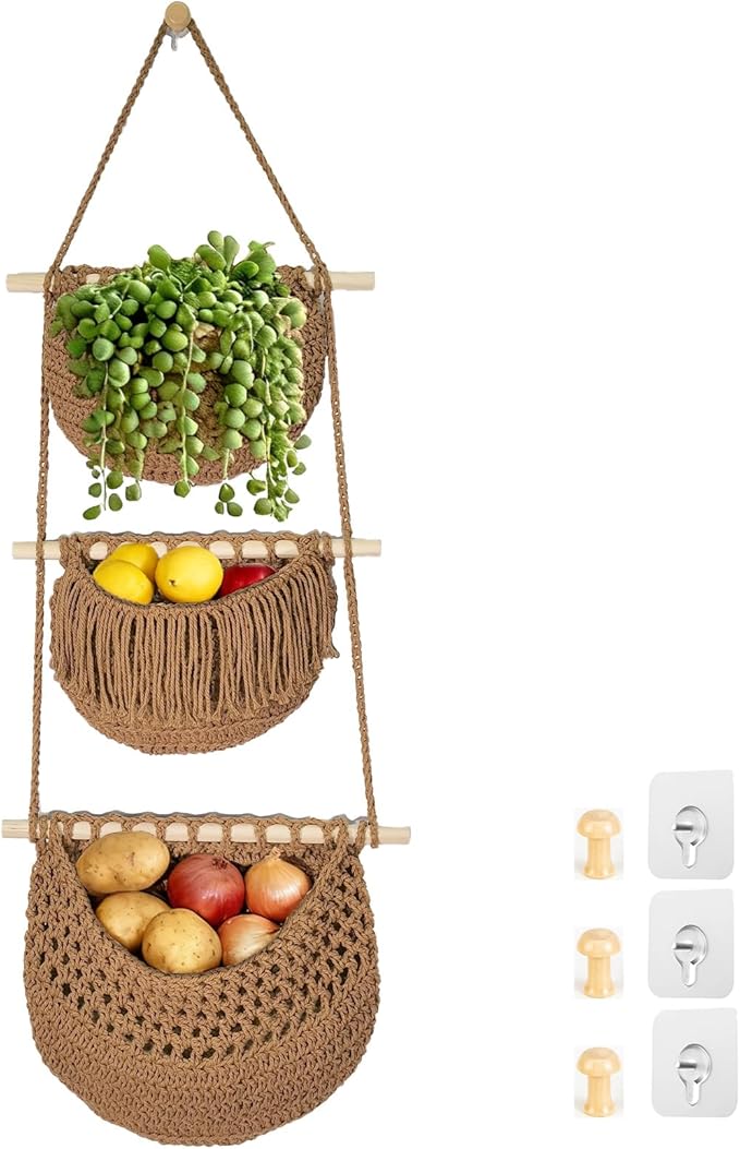3 Tier Hanging Fruit Baskets for Kitchen, Boho Cotton Rope Handwoven Vegetable