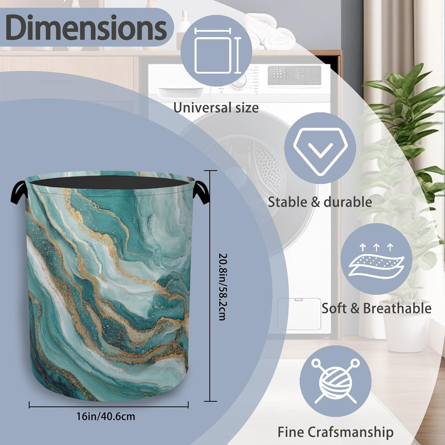 Blue Green Gold Marble Laundry Basket,Foldable with Handles Tote Bag Oxford Cloth for Bathroom Bedroom Dirty Clothes Storage Bucket 16" x 20.8"