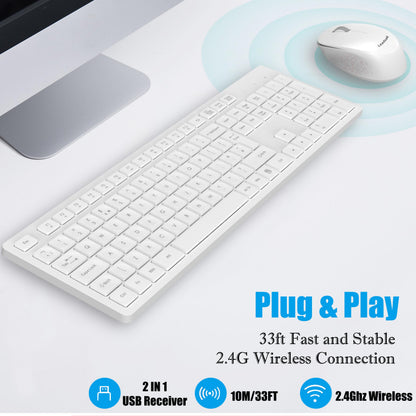 LeadsaiL Wireless Keyboard and Mouse Set, 2.4GHz USB Computer Keyboards and Mouse Combo, Soft Touch, Full Size UK QWERTY Layout with 12 Multimedia Shortcuts for HP/Lenovo Laptop and Mac-White