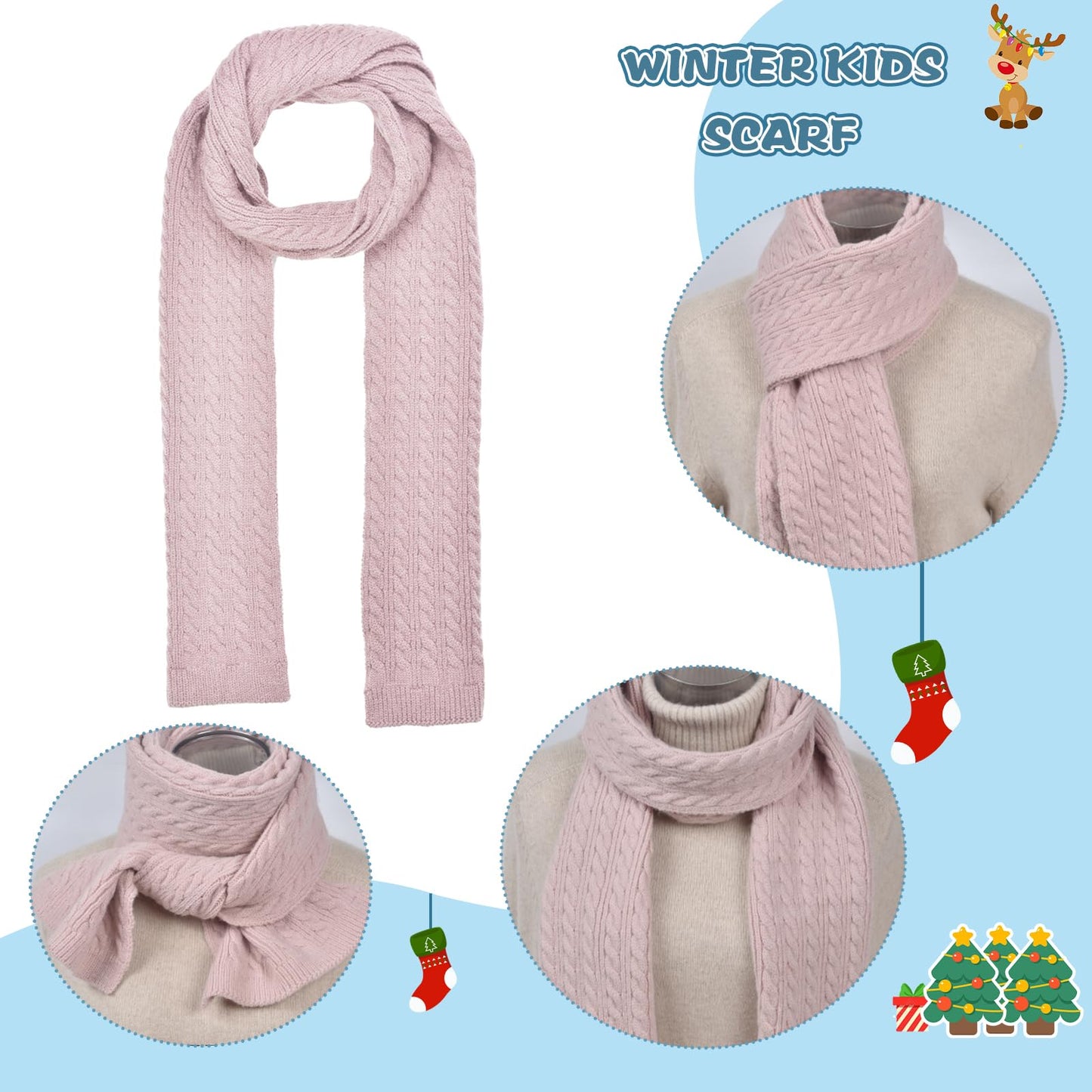 Winter Hat Gloves Scarf Set for Kids Earflap Beanie with Cute Pom Knit Girls Children Baby Toddler Pink Warm Wool Fleece Lining 10 11 12 13 14 Years Old