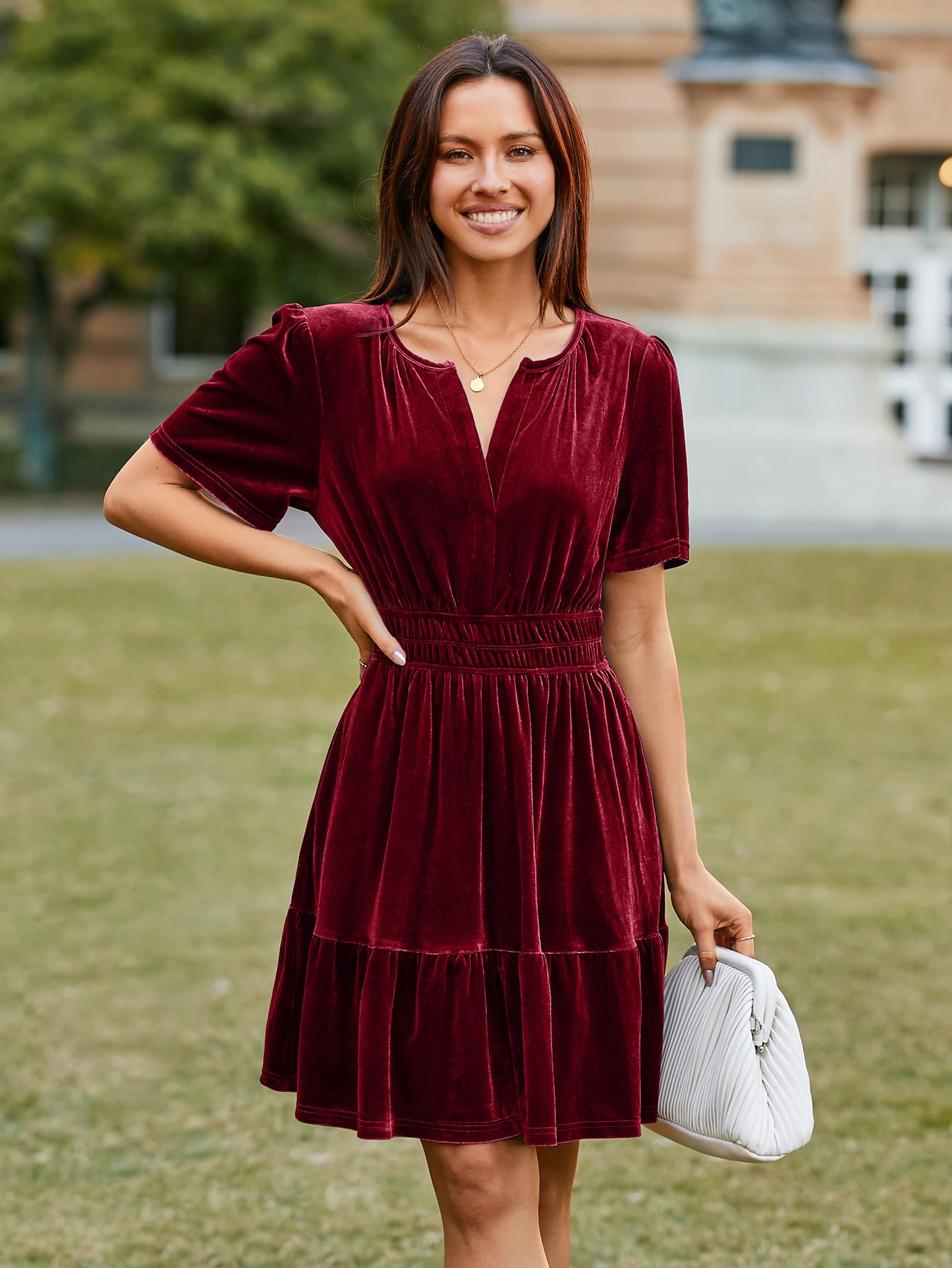 Simplee Cocktail Velvet Red Dress Women Christmas HOCO Flowy Short Sleeve Mini Dress V Neck A Line Ruffle Hem Tiered Bridesmaid Short Swing Dress with Pockets (Burgundy M)