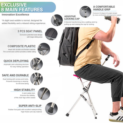 Ta-Da Chair Series 1 Pro, Portable Trekking Hiking Pole, Folding Walking Stick with Seat, Walking Cane with Chair, Foldable Chair, Lightweight Aluminum, Easy Carry and Storage, Anti-Slip, Black