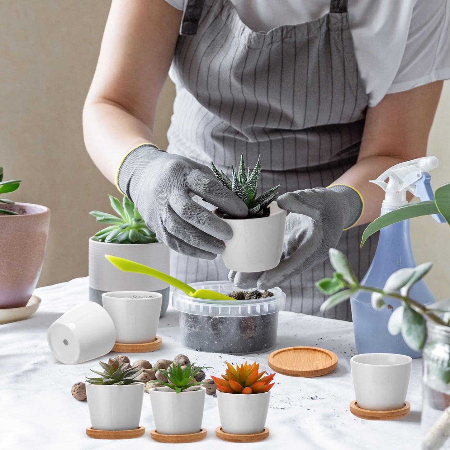 Hsei 24 Pack 2.5 Inch Mini Succulent Plant Pots Small Ceramic Flower Pot with Bamboo Tray Garden Cactus Herb Container Home Office Decoration for Birthday Mother's Day Wedding Favor Gifts (White)