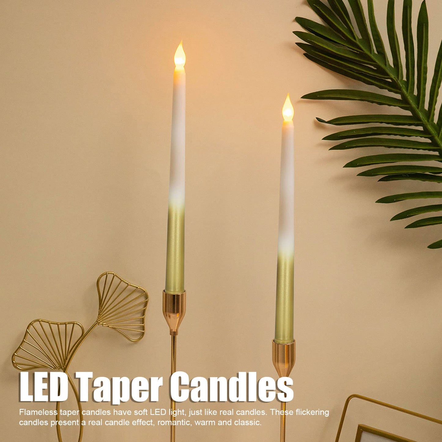 Flameless Taper Candles, 2 Pcs Battery Operated Realistic LED Taper Candles with Flickering Warm Yellow Flame Dripless Electric Decorative Led Candles for Home, Christmas, Wedding(half spray gold)