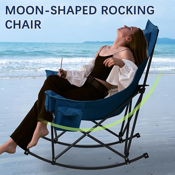 Oversized Rocking Camping Chair with Headrest & Cup Holder - 400lbs Capacity, 600D Oxford Fabric, Easy Fold Portable Outdoor Rocker Chair for Camping, Backyard, Beach, Blue